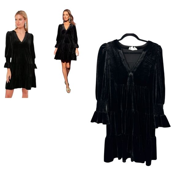 Pomander Place Tuckernuck Black Velvet Tiered Long Sleeve Boho Dress Small - Picture 1 of 9